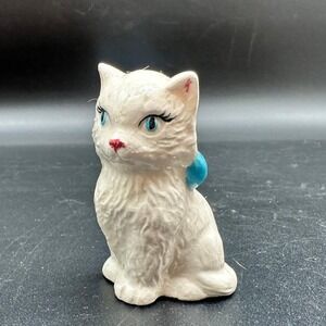 Vintage Japan White Cat Figurine Blue‎ Bow Ceramic Glazed Midcentury Kitsch